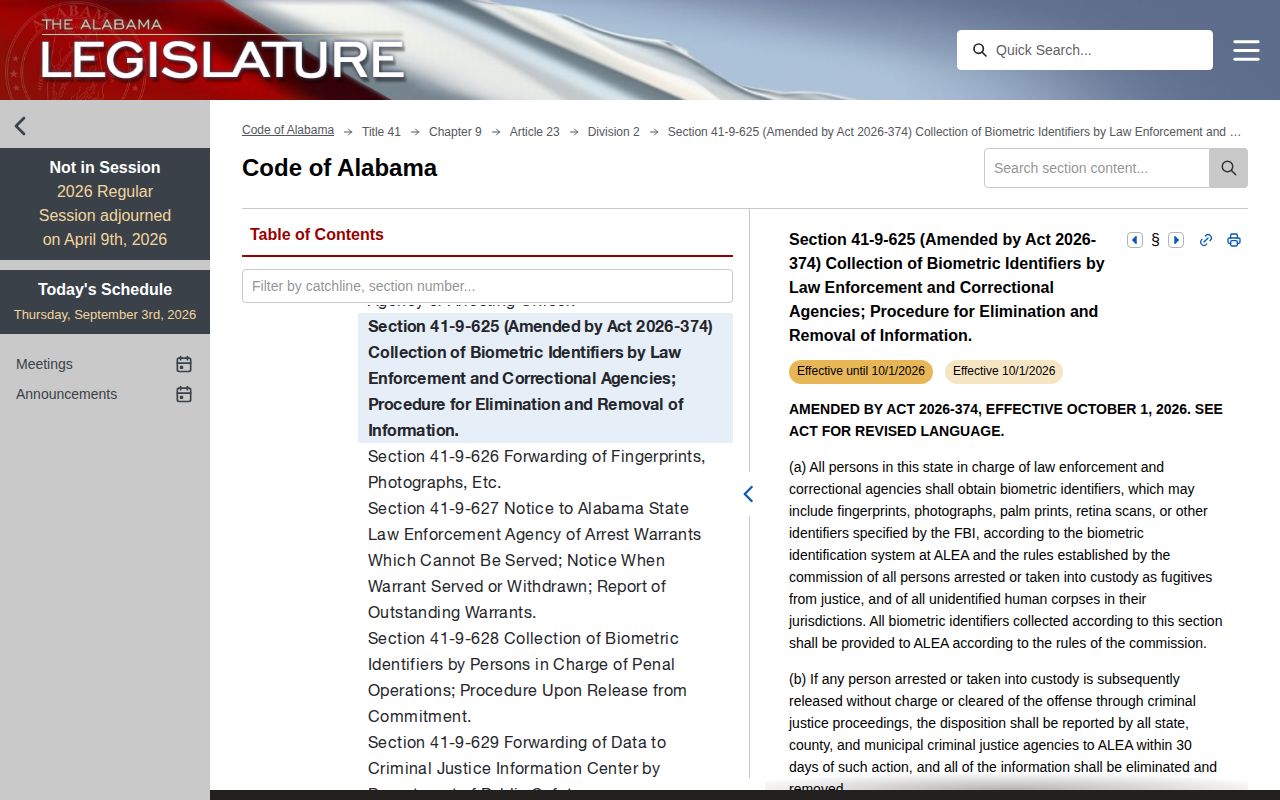 Alabama biometric identification statute affecting Randolph County arrest photos