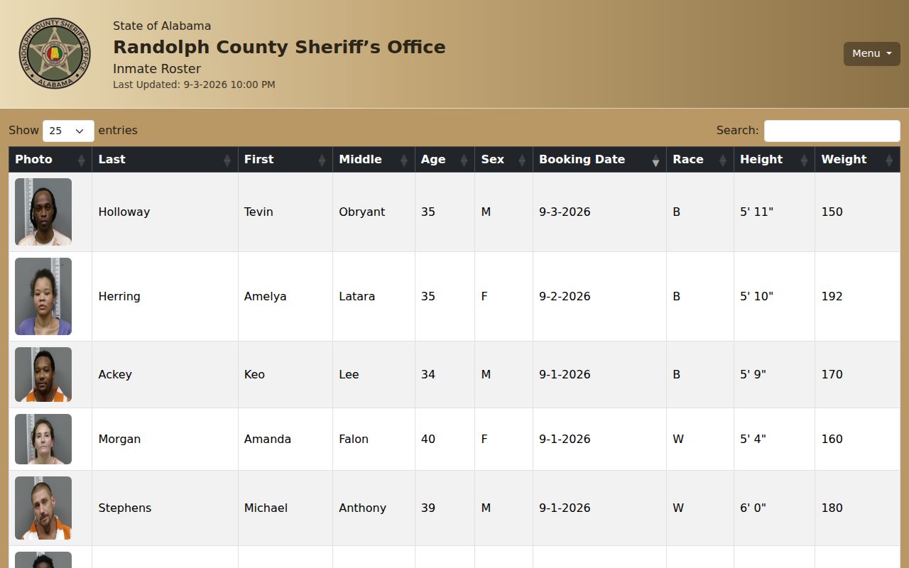 Official Randolph County Sheriff inmate roster interface used for same-day arrest checks