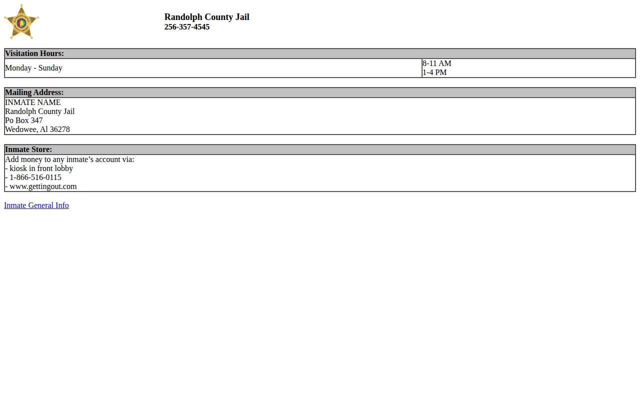 Official Randolph County jail details and visitation information page