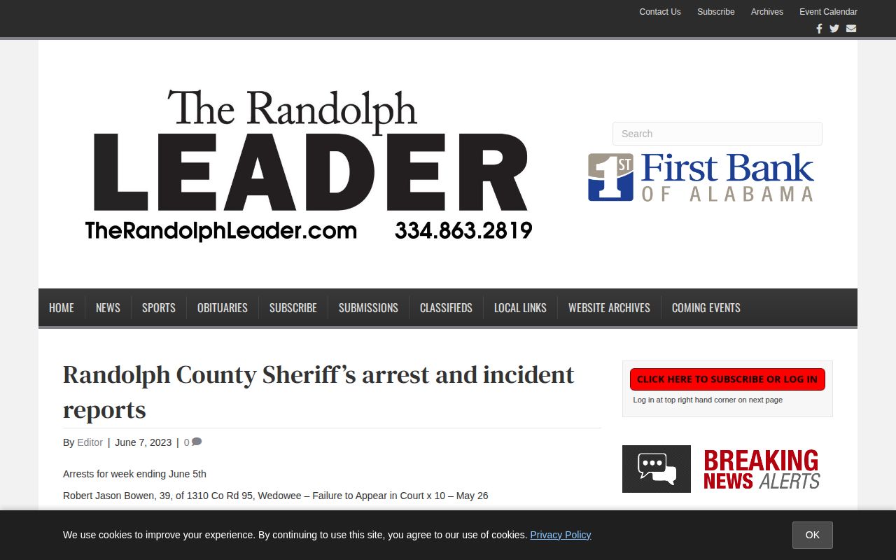 Randolph Leader weekly sheriff arrest and incident report page