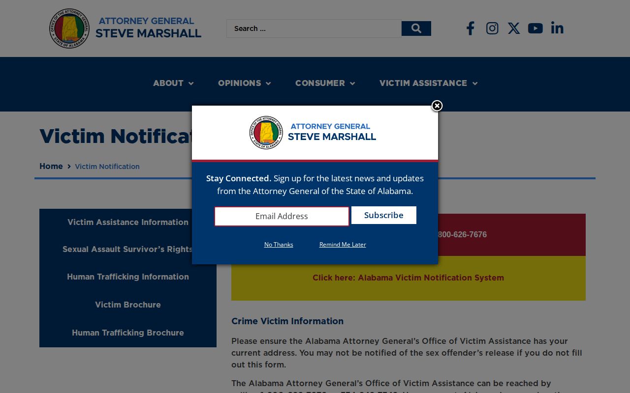 Alabama Attorney General victim notification guidance and contact page