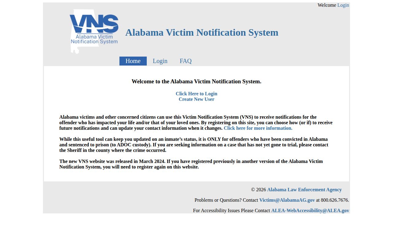 Official Alabama Victim Notification System registration page
