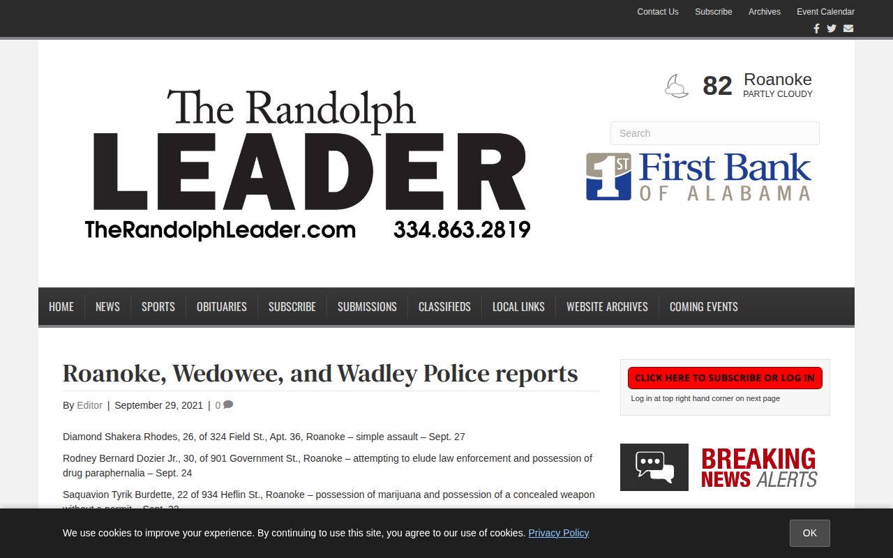 Roanoke recent arrests source showing combined city police reports in Randolph County